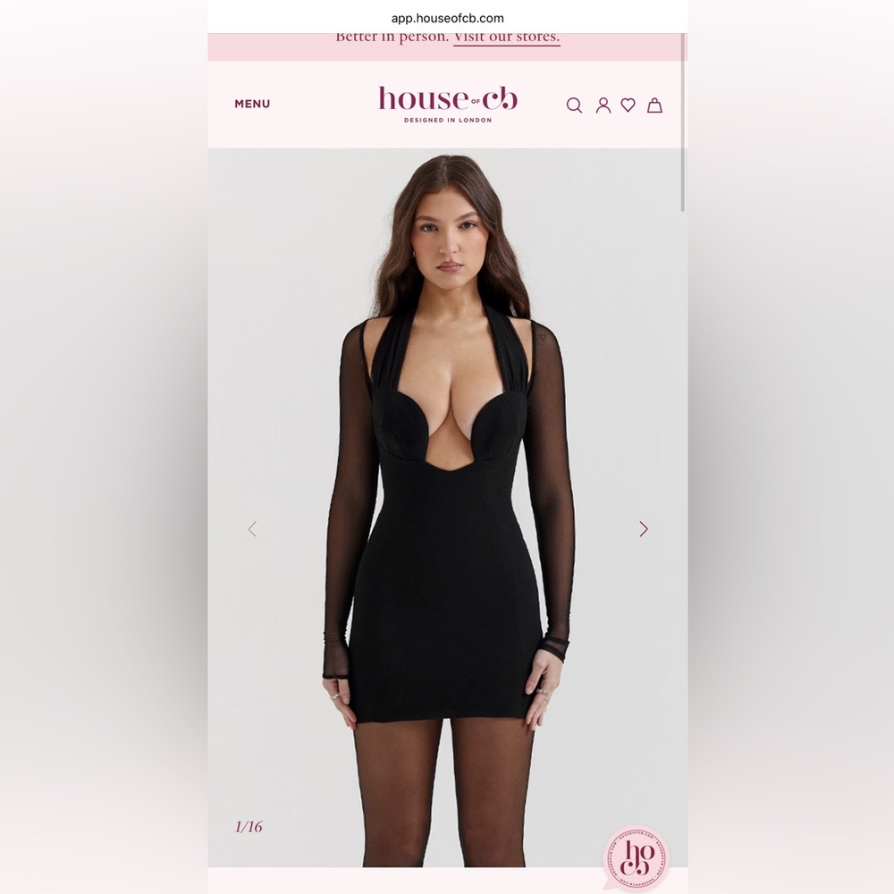 NWT House of CB Black Long-Sleeve Plunge Mini Dress